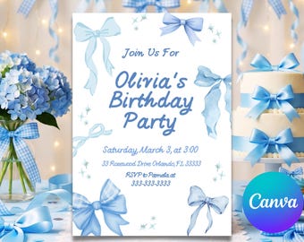 Editable Blue Bow 1st Birthday Invitation for Girls, Ribbon Template
