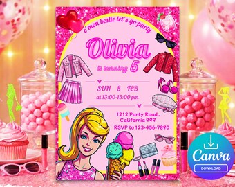 Editable Pink Fashion Doll Birthday Invitation for Girls, Party Template