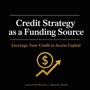 May include: A black digital guide cover titled Credit Strategy as a Funding Source with the subtitle Leverage Your Credit to Access Capital. It features a gold dollar sign icon with an upward trending arrow and the text NanaTalksWealth | Digital Guide.