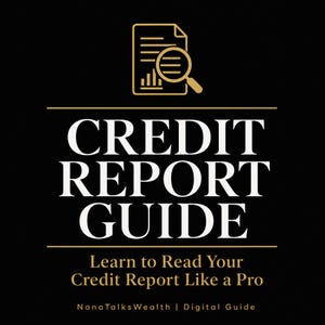 Peut inclure: Une couverture de guide numérique noire avec une icône dorée représentant un document et une loupe. Le texte blanc indique CREDIT REPORT GUIDE, suivi du texte doré Learn to Read Your Credit Report Like a Pro et NanaTalksWealth | Digital Guide.