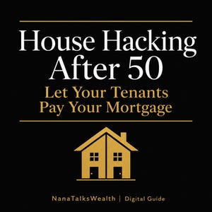 Op de afbeelding: Een digitale gids getiteld House Hacking After 50: Let Your Tenants Pay Your Mortgage, met witte en gouden tekst op een zwarte achtergrond, een gouden huisicoon en de tekst NanaTalksWealth onderaan het grafische ontwerp.