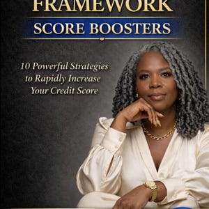 May include: Image of a book cover titled "C.L.E.A.R. FRAMEWORK SCORE BOOSTERS" with the subtitle "10 Powerful Strategies to Rapidly Increase Your Credit Score." The cover features a woman with gray hair, wearing a gold necklace and watch. The author's name is Pamela Henry.