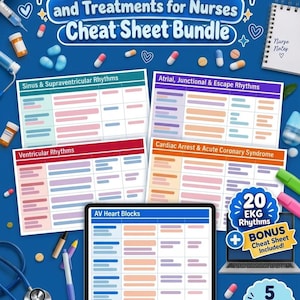 May include: A digital cheat sheet bundle titled EKG Rhythms and Treatments for Nurses featuring five printable pages with medical charts for sinus, supraventricular, atrial, junctional, escape, and ventricular rhythms, cardiac arrest, and AV heart blocks.
