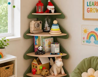 Montessori Corner Bookshelf, Toddler Wooden Toy Storage, Nursery Bookshelf, Playroom Organizer Tree Shelf for Playroom