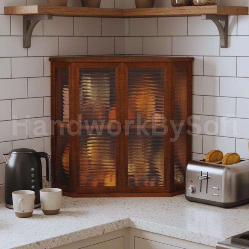 Corner Bread Box For Kitchen Countertop | Kitchen Corner Cabinet | 2-Tier Breadbox with Glass Wavy Door Panel | Wooden Bread Box
