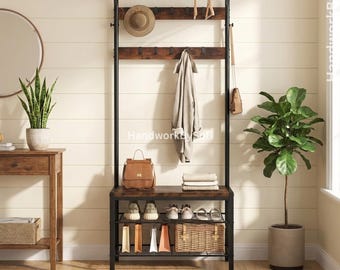 Industrial Hall Tree Bench With Shoe Rack, 10 Coat Hooks, Entryway Organizer