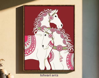 Handmade White Horse Couple Art Print, Neutral Wall Art, farmhouse Decor