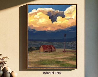 Handmade Countryside Painting, Moody Sunset Clouds, Farmhouse Decor