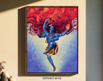 Handmade Dancing Shiva Painting, Dark Academia Cosmic Wall Art, Indian Home Decor