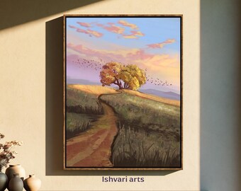 Handmade Golden Hour Fall Trees Painting, Summer Wall Art, Vintage Home Decor