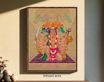 Handmade Panchmukhi Hanuman Wall Art, Five-Faced Lord Hanuman Print, Spiritual Home Decor