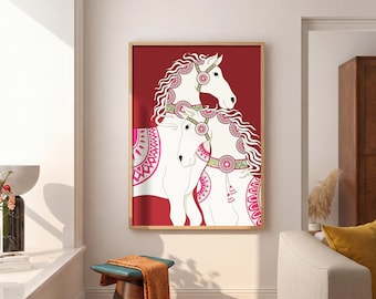 White Horse Couple Art Print, Traditional Indian Folk Illustration, Red Boho Wall Decor, Ethnic Animal Poster, Instant Digital Download