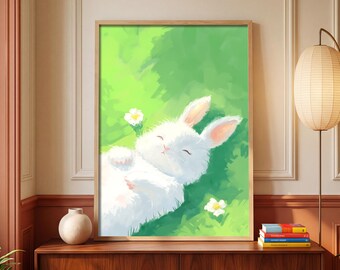 Bunny Meadow Oil Painting Print | Whimsical Nursery Wall Art (Digital Download)