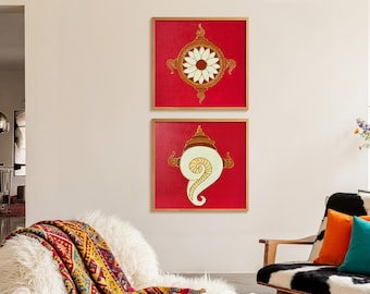 Arte acrílico texturizado del Shankh Chakra, lienzo con símbolos hindúes en rojo y dorado, pared espiritual moderna Vastu.