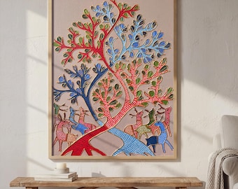 Textured Acrylic Tree of Life Painting, Gond Art Hand Painted Canvas, Original Indian Folk Art, Madhubani Inspired Nature Wall Decor