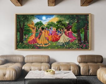 Radha Krishna Maharaas Limited Edition Canvas Print, Large Hindu Wall Art, Soulful Gopi Dance in Moonlit Forest, Detailed Indian Folk Art