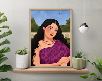 Indian Woman in Pink Saree Art Print, Traditional Wall Decor (Digital Download)