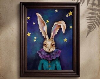 Dark Academia Rabbit Portrait, Moody Whimsical Animal Art, Vintage Oil Painting Style (Digital Download)
