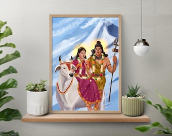 Impresión artística de la boda de Shiv y Parvati: Dioses hindúes en Nandi, escena del Himalaya (descarga digital)