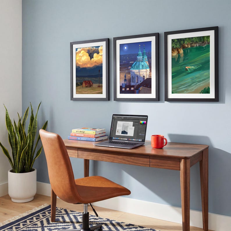 Puede incluir: Tres impresiones art&iacute;sticas enmarcadas con marcos negros cuelgan de una pared azul. Las impresiones representan un paisaje con nubes, un paisaje urbano nocturno y una persona nadando en un lago. Un escritorio de madera con un port&aacute;til, libros y una taza roja est&aacute; frente a una silla de cuero marr&oacute;n.