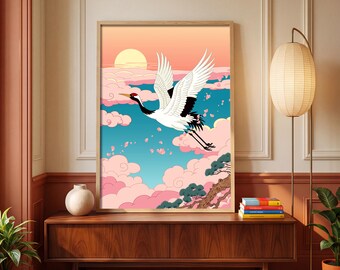 Red Crowned Crane Canvas Print, Flying Japanese Crane Wall Art, Pastel Maximalist Nature Poster, Japandi Bird Decor, Asian Style Artwork