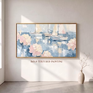 Abstract Textured Sailboats Seascape Painting | Pink and Blue Hydrangea Flowers | Coastal Beach House Decor