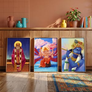 Hindu Deity Wall Art Set | Krishna, Ganesha, Sai Baba Prints (Digital Download)