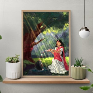 Puede incluir: Una impresión artística enmarcada que representa a una mujer con vestimenta tradicional india ofreciendo flores. La obra de arte presenta una paleta de colores vibrantes, con un enfoque en la mujer, un árbol y una estructura de piedra oscura, en un entorno exuberante y verde.