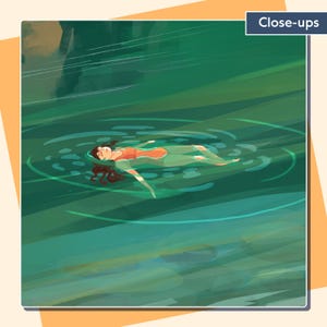 Puede incluir: Ilustraci&oacute;n de una persona flotando en agua verde. La persona lleva un top naranja y pantalones verdes. C&iacute;rculos conc&eacute;ntricos en el agua sugieren movimiento. La imagen es de estilo acuarela.