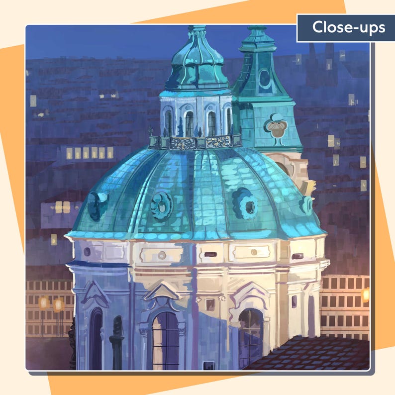 Puede incluir: Una representaci&oacute;n art&iacute;stica de un edificio con una c&uacute;pula turquesa y un campanario a juego. El edificio es blanco con ventanas arqueadas y se encuentra sobre un paisaje urbano azul oscuro. El texto "Close-ups" est&aacute; en la esquina superior derecha.