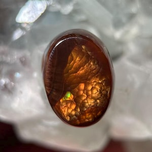 May include: Close-up of a polished, oval-shaped gemstone. The stone features a rich, warm brown color with intricate internal patterns of orange and gold, and a small area of green. The gemstone is set against a blurred, white background.