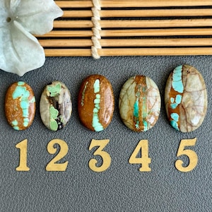 Op de afbeelding: Vijf ovaalvormige cabochons op een rij, elk met een uniek patroon van bruine, beige en crèmekleurige matrix met heldere turquoise aders. Onder elke steen staat een goudkleurig cijfer van één tot vijf om de individuele stukken aan te duiden.