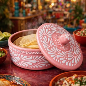 Talavera tortillavärmare | Rosa & Vit | Blyfri