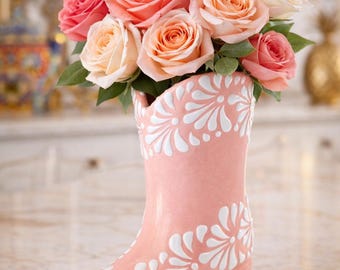 Talavera Boot Flower Vase | Pink & White | Lead Free
