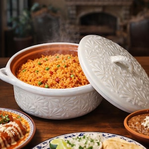 May include: A steaming bowl of Mexican rice with peas, next to a decorative white serving dish with a floral design. Other dishes include grilled meat, tortillas, and beans, all on a wooden table.
