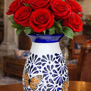 Talavera Butterfly Flower Vase | Cobalt Blue & White | Lead Free