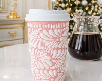 Termo para café Talavera con tapa / Rosa y blanco / Sin plomo