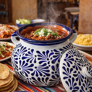 Può includere: Una grande pentola in ceramica bianca e blu a motivi, piena di uno stufato fumante, guarnito con erbe fresche e cipolle. Altri piatti, tra cui tortillas e riso, suggeriscono un tema di cucina messicana.
