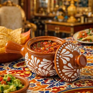 May include: A brown ceramic salsa bowl with a white floral design, lid off, filled with salsa. Tortilla chips and guacamole are in the background. The table has a colorful mosaic pattern.