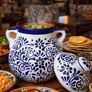 Talavera Frijolera serveringskruka med lock | Koboltblå och vit | Blyfri