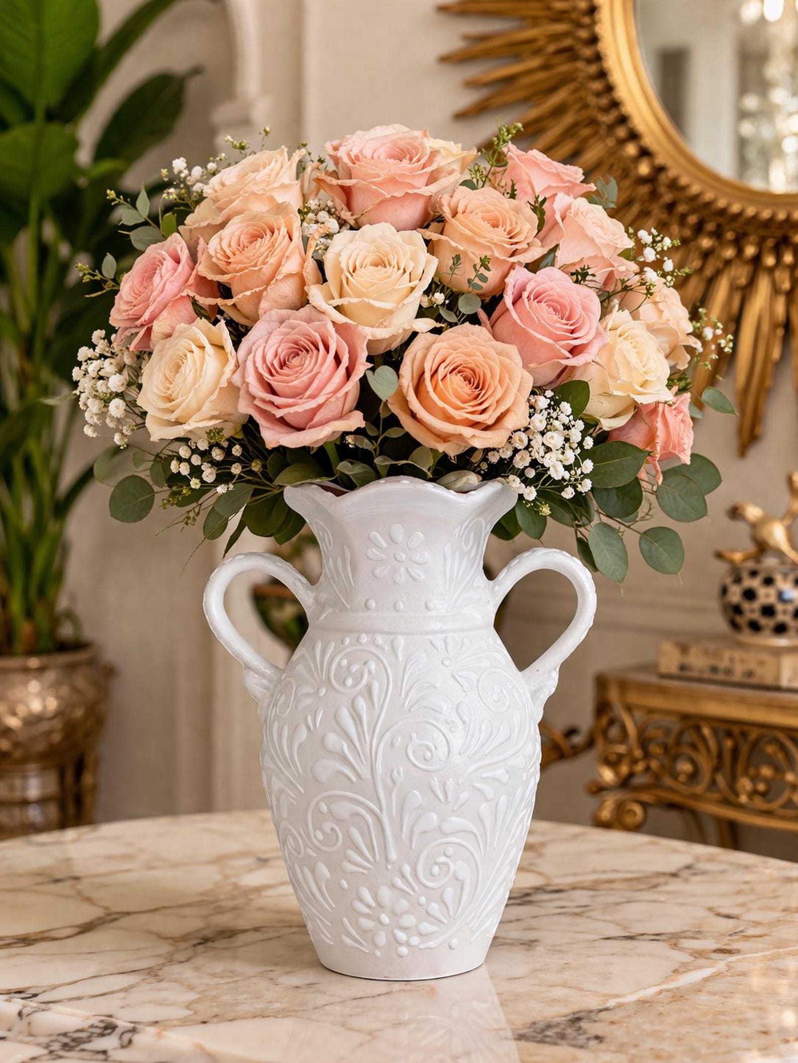 Talavera Flower Vase W/ Handles | White | Lead Free
