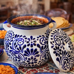 Talavera Serving Pot W/ Lid | Cobalt Blue & White | Lead Free
