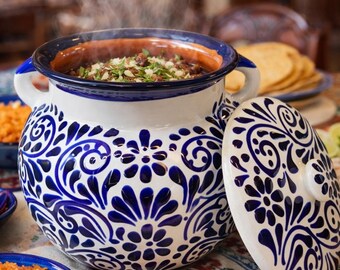 Talavera Serving Pot W/ Lid | Cobalt Blue & White | Lead Free