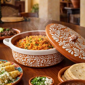 May include: A steaming dish of rice with peas in a decorative ceramic serving bowl with a matching lid. The bowl and lid are terracotta-colored with a white floral pattern. Other dishes of food, including tortillas, are on the table.