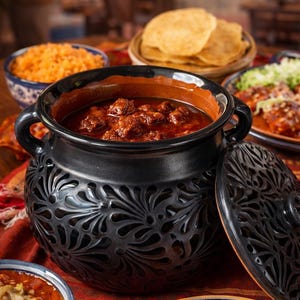 Pode incluir: Uma mesa com uma variedade de pratos mexicanos. Uma panela preta e ornamentada cheia de ensopado é a peça central, rodeada por tigelas de arroz, tortillas e enchiladas. A comida está disposta sobre uma toalha de mesa estampada.