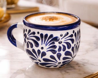 Talavera Cappuccino Mug 20 oz | Cobalt Blue & White | Lead Free