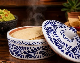 手作りのタラベラ焼きトルティーヤウォーマー：白いメキシコ陶器