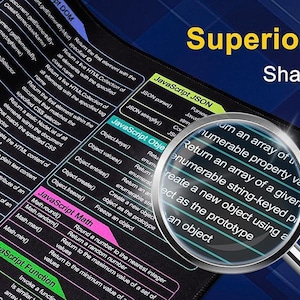 May include: A black mousepad with white text and colorful highlights, featuring JavaScript code snippets. A magnifying glass is positioned over the text. The text "Superior Print Quality" and "Sharp and clear graphic" are displayed in yellow.
