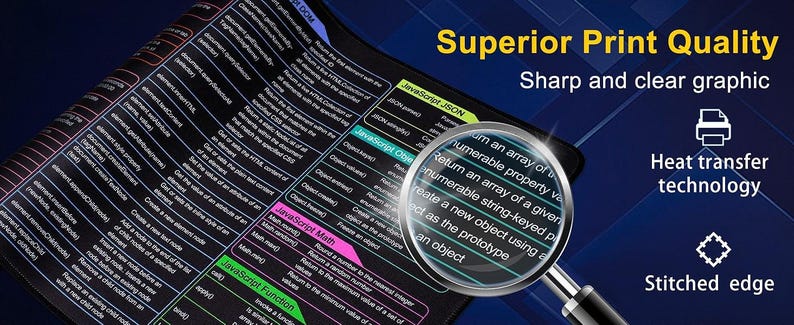 May include: A black mousepad with white text and colorful highlights, featuring JavaScript code snippets. A magnifying glass is positioned over the text. The text "Superior Print Quality" and "Sharp and clear graphic" are displayed in yellow.