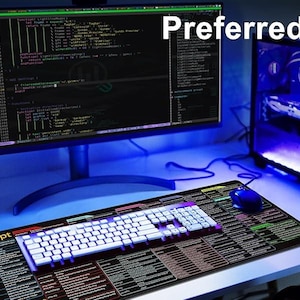 May include: A computer setup with a monitor displaying code, a keyboard, and a mouse on a mousepad. The mousepad has a JavaScript theme with code snippets and the text "JavaScript". The text "Preferred Mouse Pad For JS" is also visible.